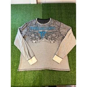 Throwdown Mens Long Sleeve‎ Thermal Shirt Grey MMA Graphic Waffle Knit Y2K XXL